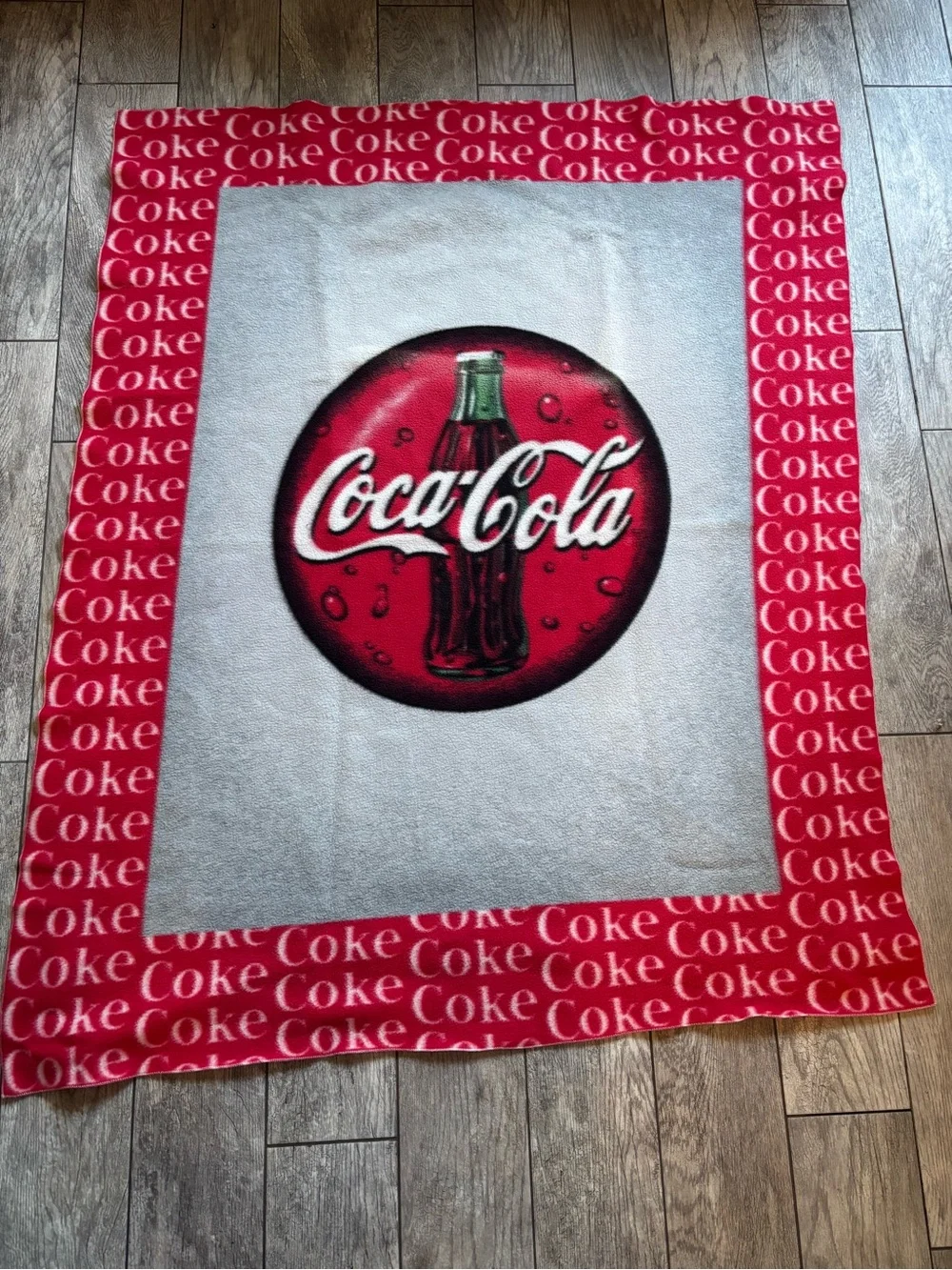 Vintage Coca-Cola Red Disc Bottle Fleece Throw Blanket Bordered Coke Print
